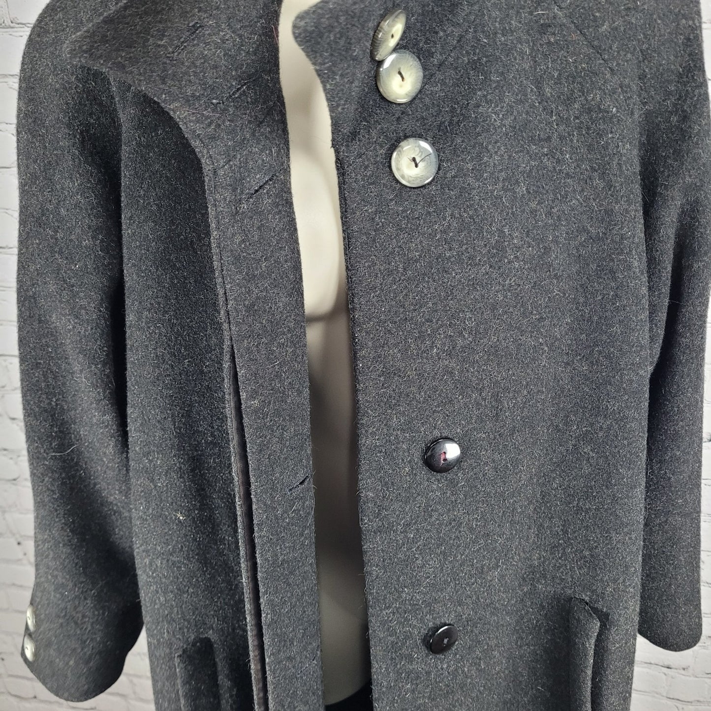VTG Jules Miller Grey 100% Wool Buttoned Pockets Lined Long Over Coat USA Large