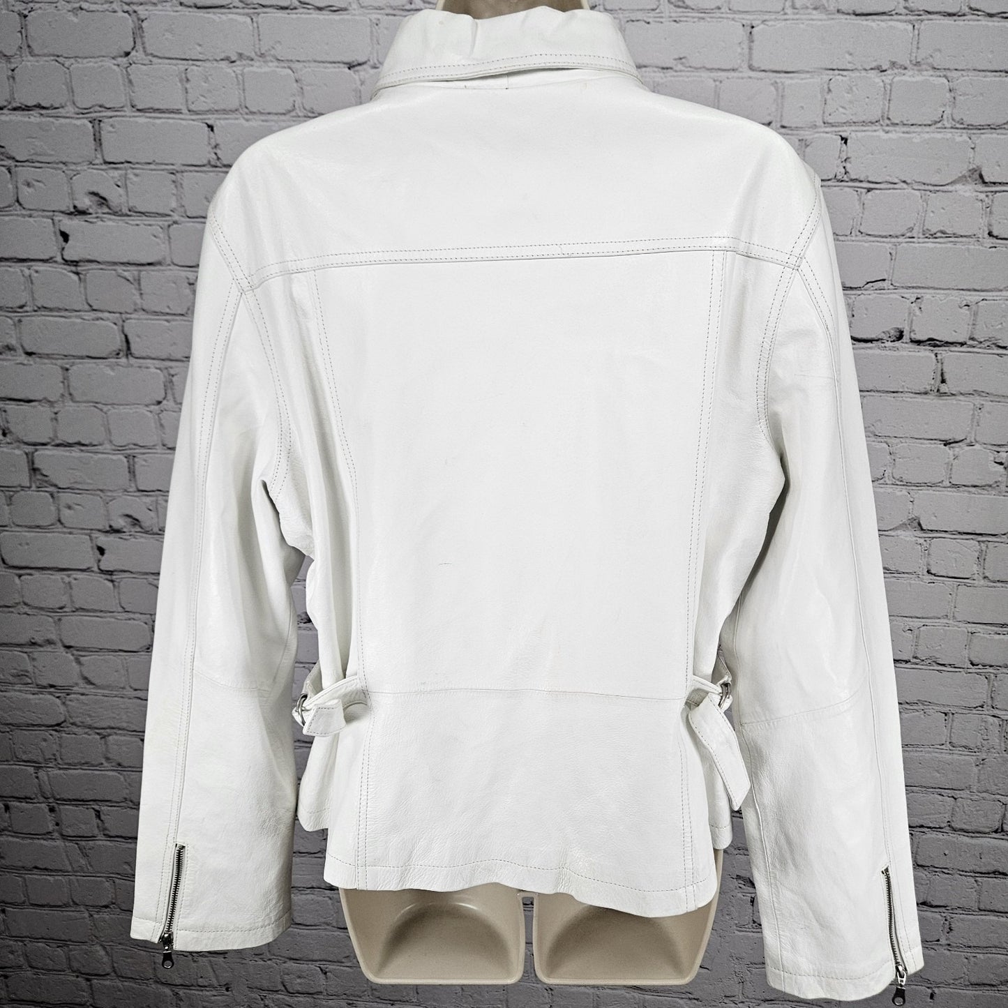 Aria White Genuine Leather Coated Biker Moto Full Zip Point Collared Jacket XL