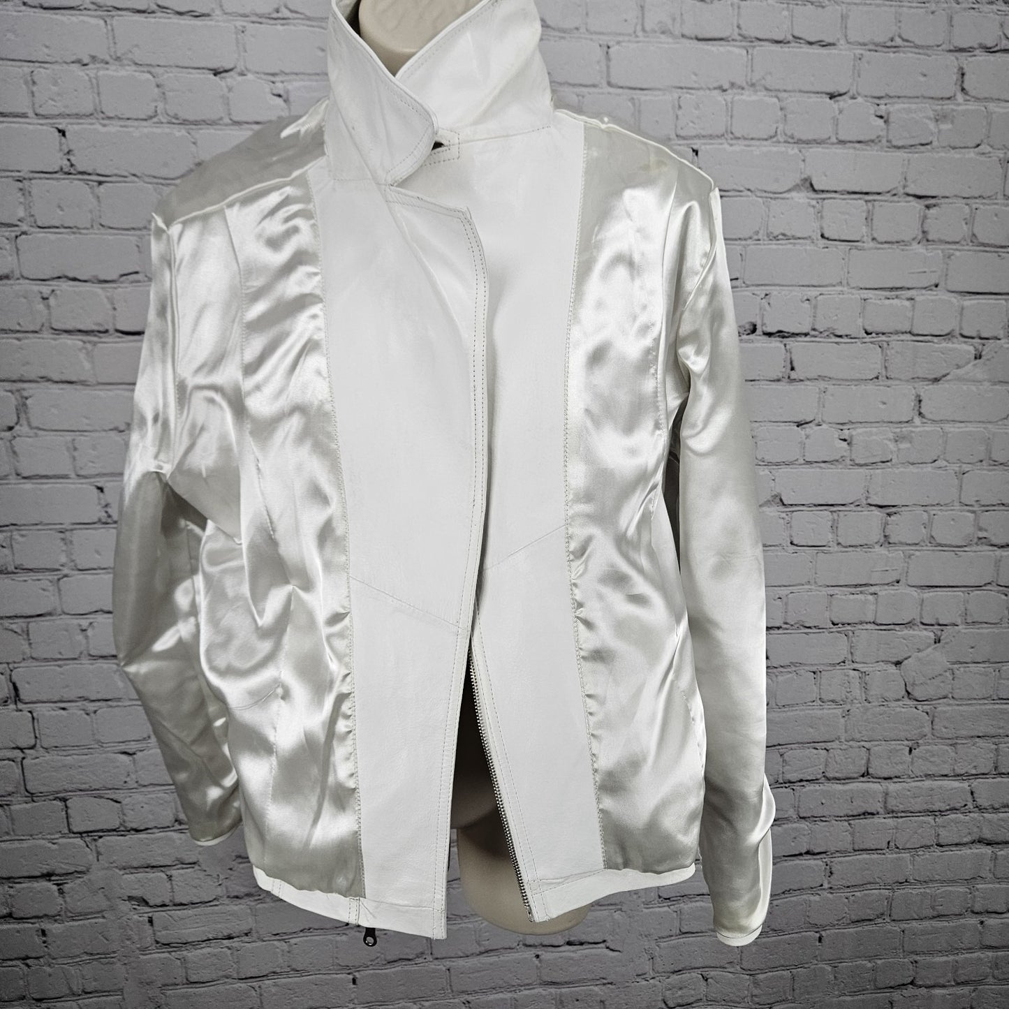 Aria White Genuine Leather Coated Biker Moto Full Zip Point Collared Jacket XL