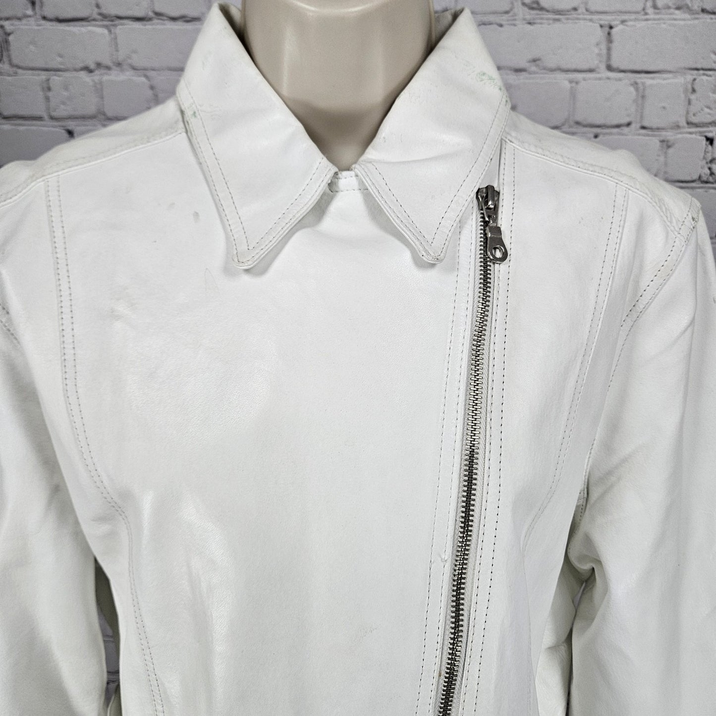 Aria White Genuine Leather Coated Biker Moto Full Zip Point Collared Jacket XL