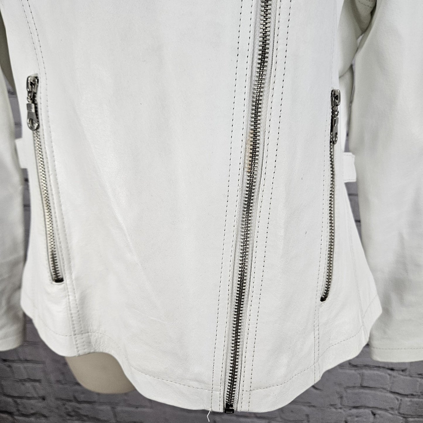 Aria White Genuine Leather Coated Biker Moto Full Zip Point Collared Jacket XL