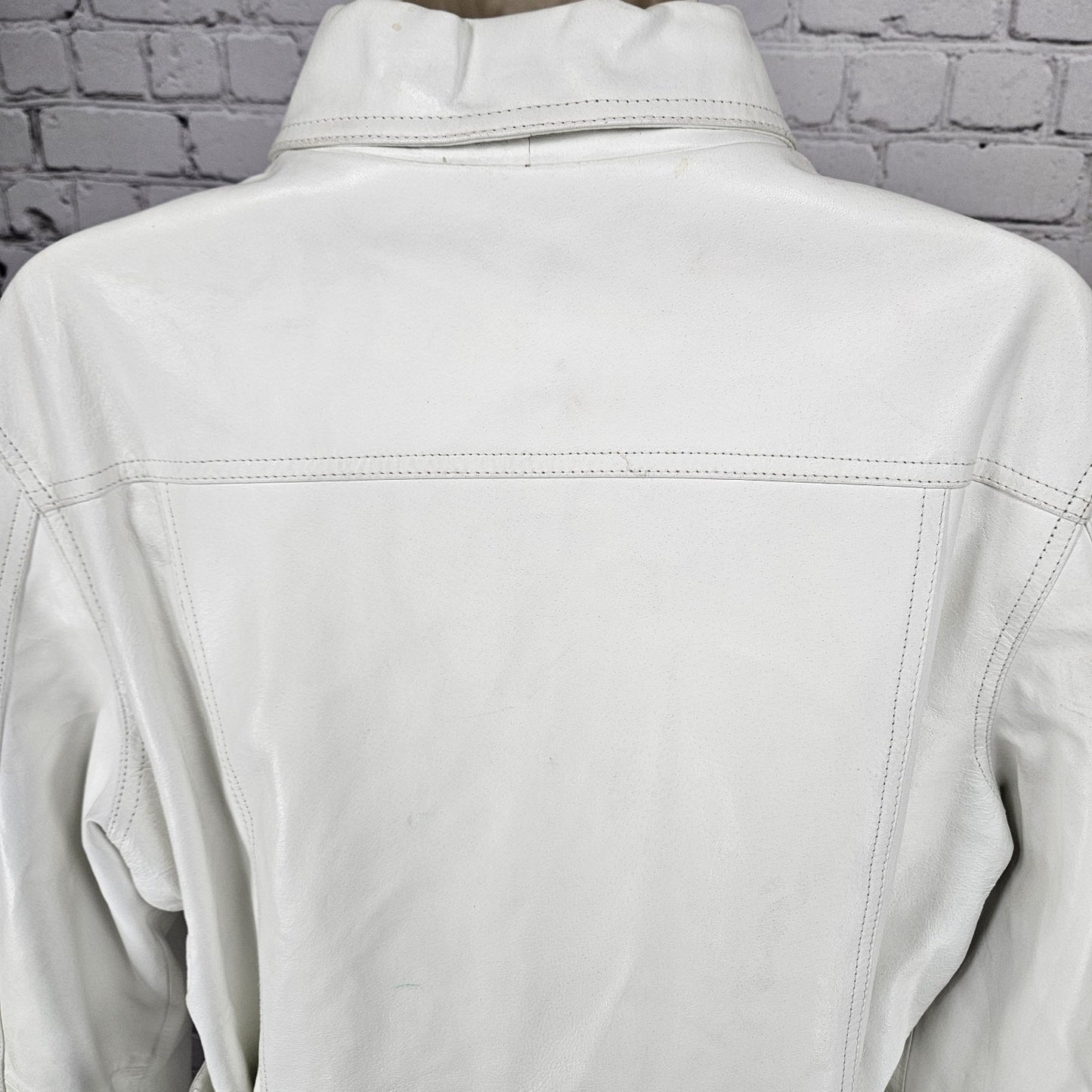 Aria White Genuine Leather Coated Biker Moto Full Zip Point Collared Jacket XL