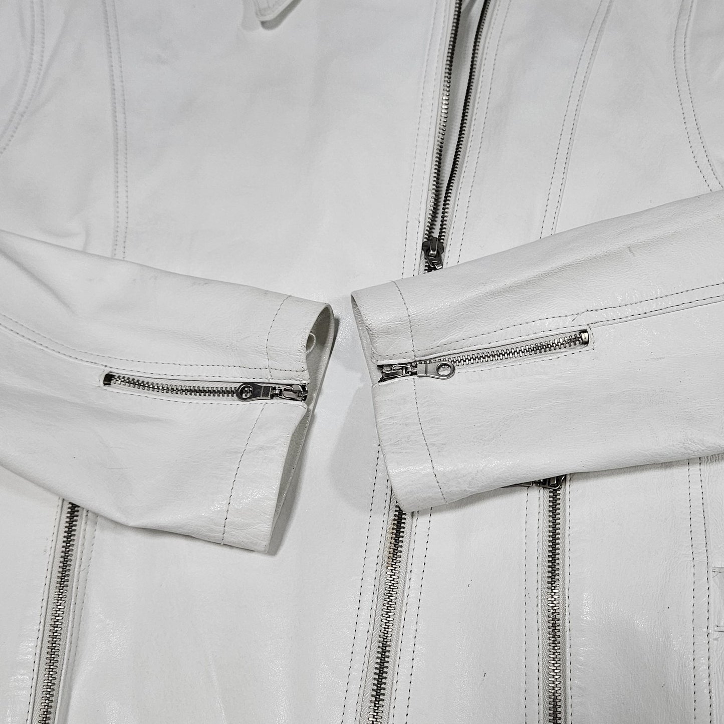 Aria White Genuine Leather Coated Biker Moto Full Zip Point Collared Jacket XL