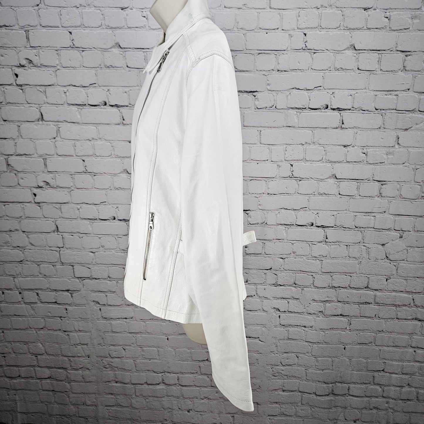 Aria White Genuine Leather Coated Biker Moto Full Zip Point Collared Jacket XL
