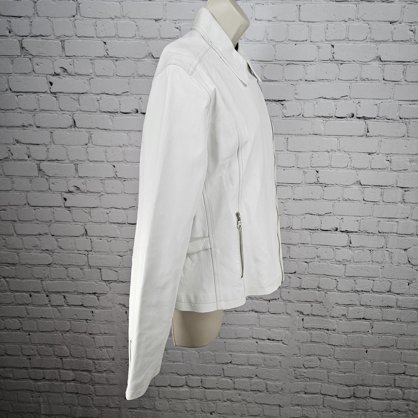 Aria White Genuine Leather Coated Biker Moto Full Zip Point Collared Jacket XL