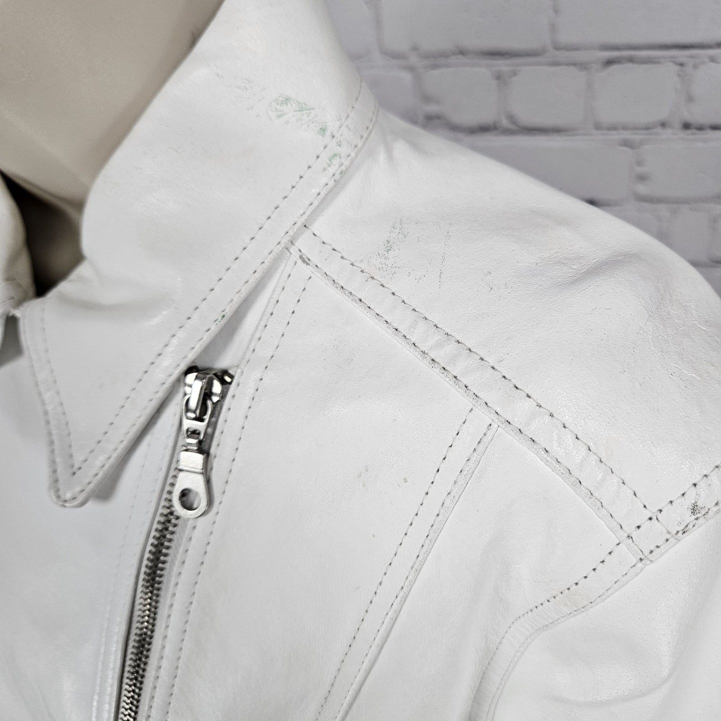 Aria White Genuine Leather Coated Biker Moto Full Zip Point Collared Jacket XL