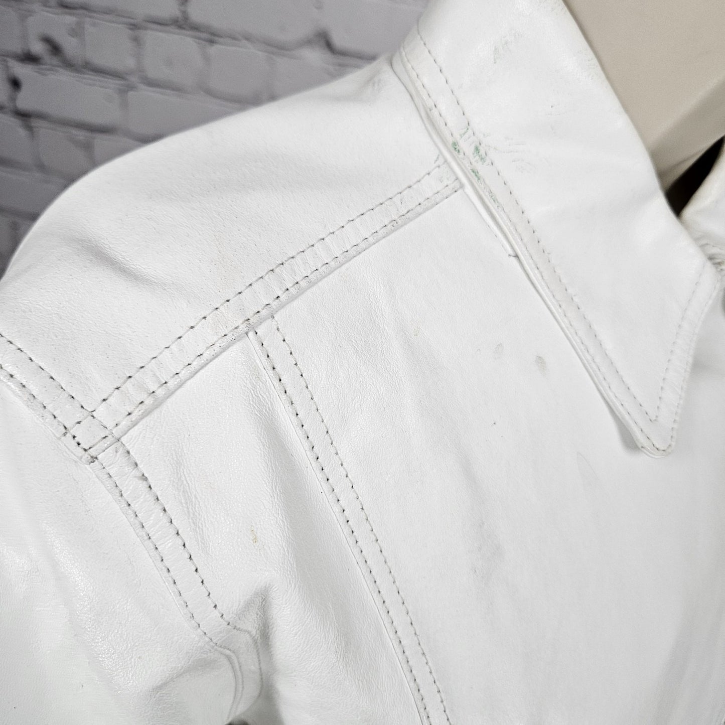 Aria White Genuine Leather Coated Biker Moto Full Zip Point Collared Jacket XL