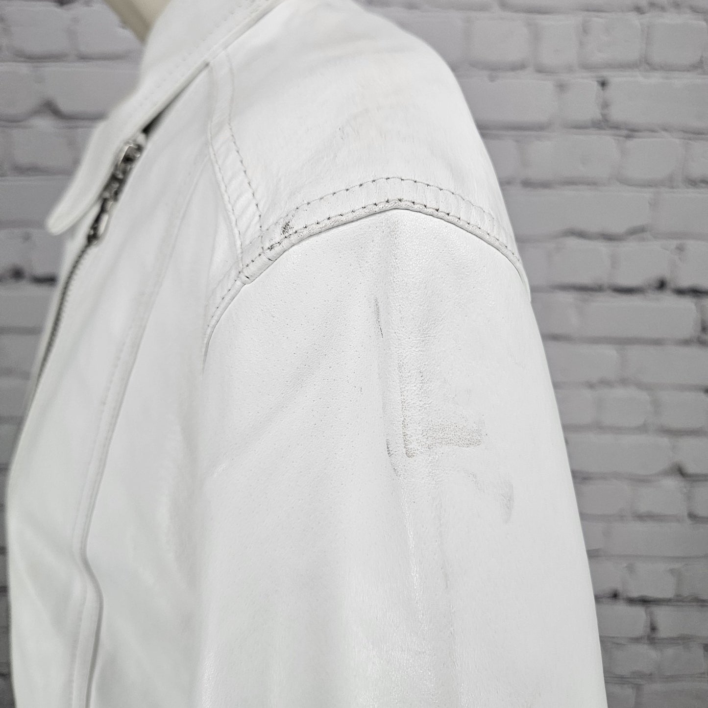 Aria White Genuine Leather Coated Biker Moto Full Zip Point Collared Jacket XL