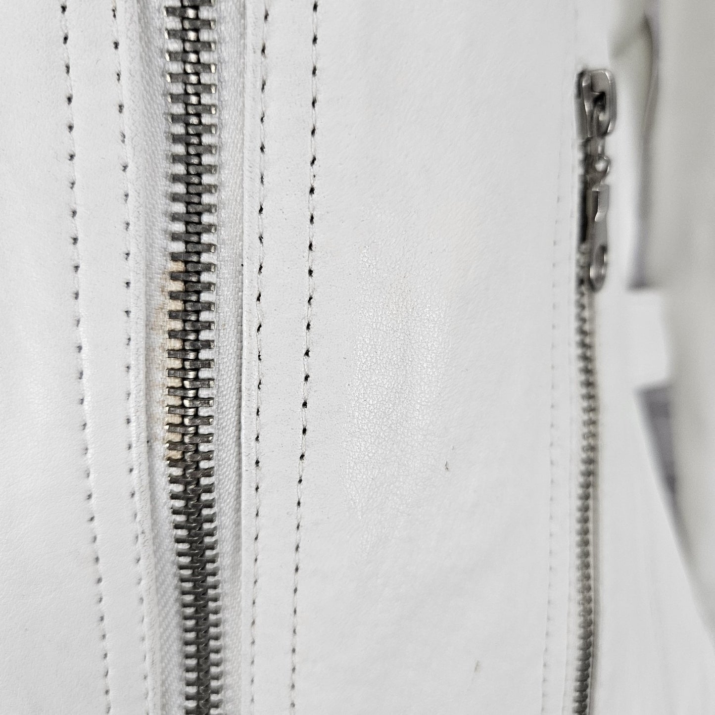 Aria White Genuine Leather Coated Biker Moto Full Zip Point Collared Jacket XL