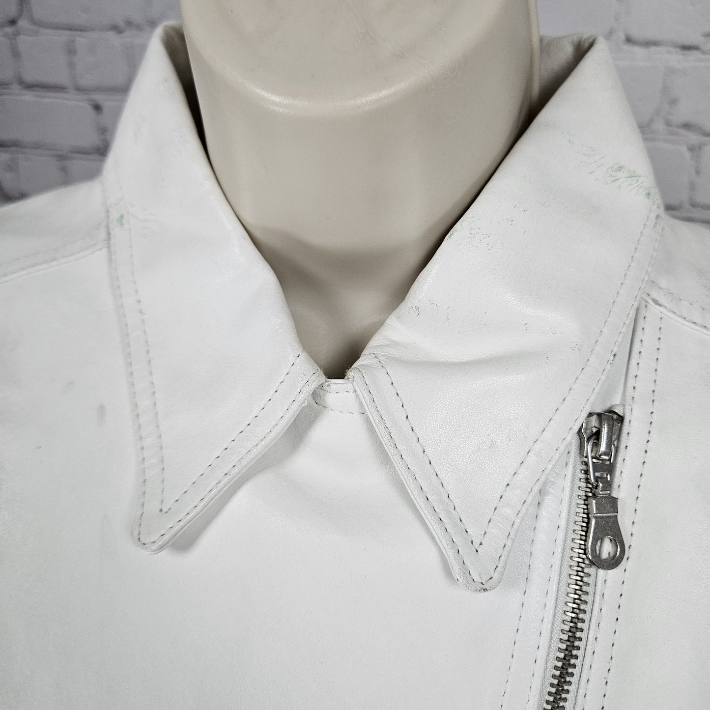 Aria White Genuine Leather Coated Biker Moto Full Zip Point Collared Jacket XL