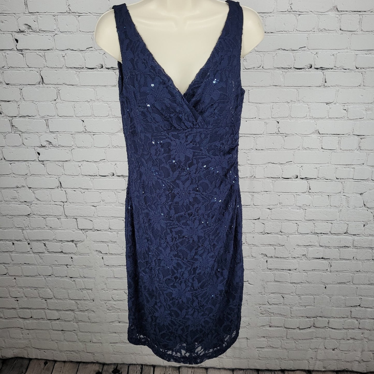 Lauren Ralph Lauren Blue Floral Lace Sequin Ruched Stretch Sheath Dress Size 8