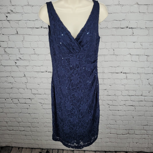 Lauren Ralph Lauren Blue Floral Lace Sequin Ruched Stretch Sheath Dress Size 8
