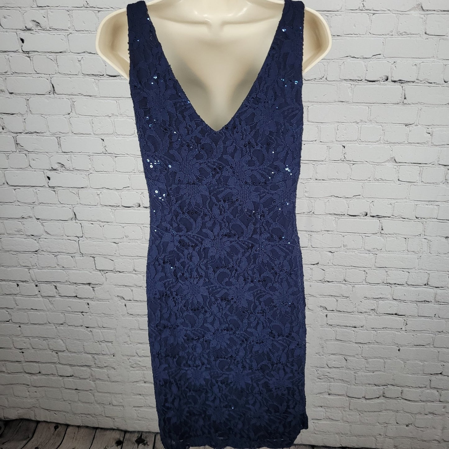 Lauren Ralph Lauren Blue Floral Lace Sequin Ruched Stretch Sheath Dress Size 8