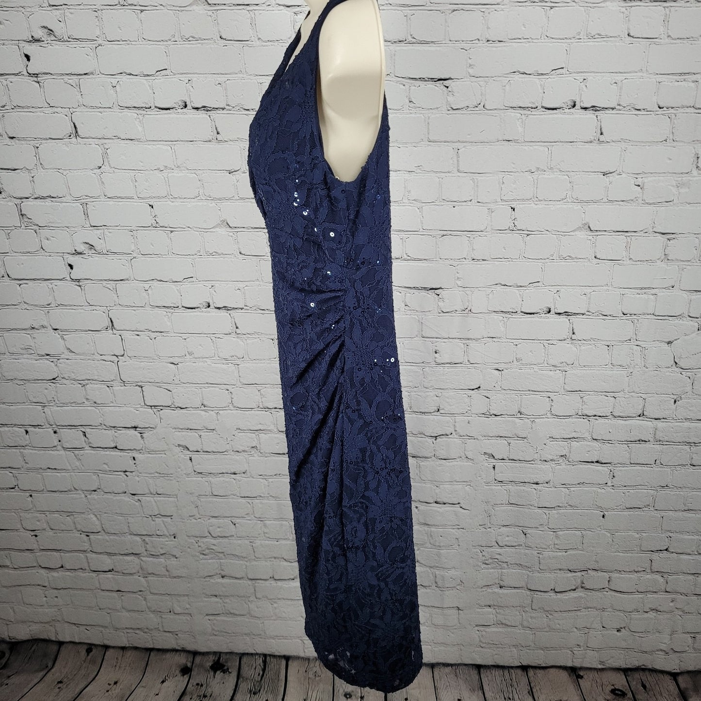 Lauren Ralph Lauren Blue Floral Lace Sequin Ruched Stretch Sheath Dress Size 8