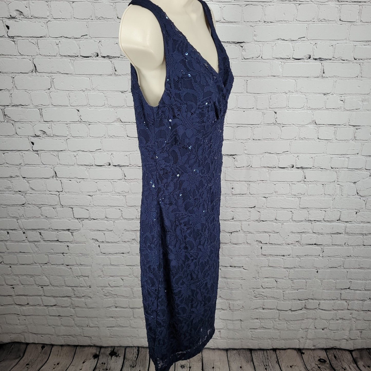 Lauren Ralph Lauren Blue Floral Lace Sequin Ruched Stretch Sheath Dress Size 8