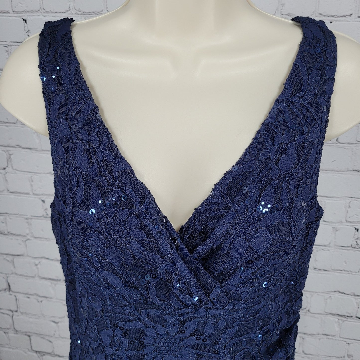 Lauren Ralph Lauren Blue Floral Lace Sequin Ruched Stretch Sheath Dress Size 8