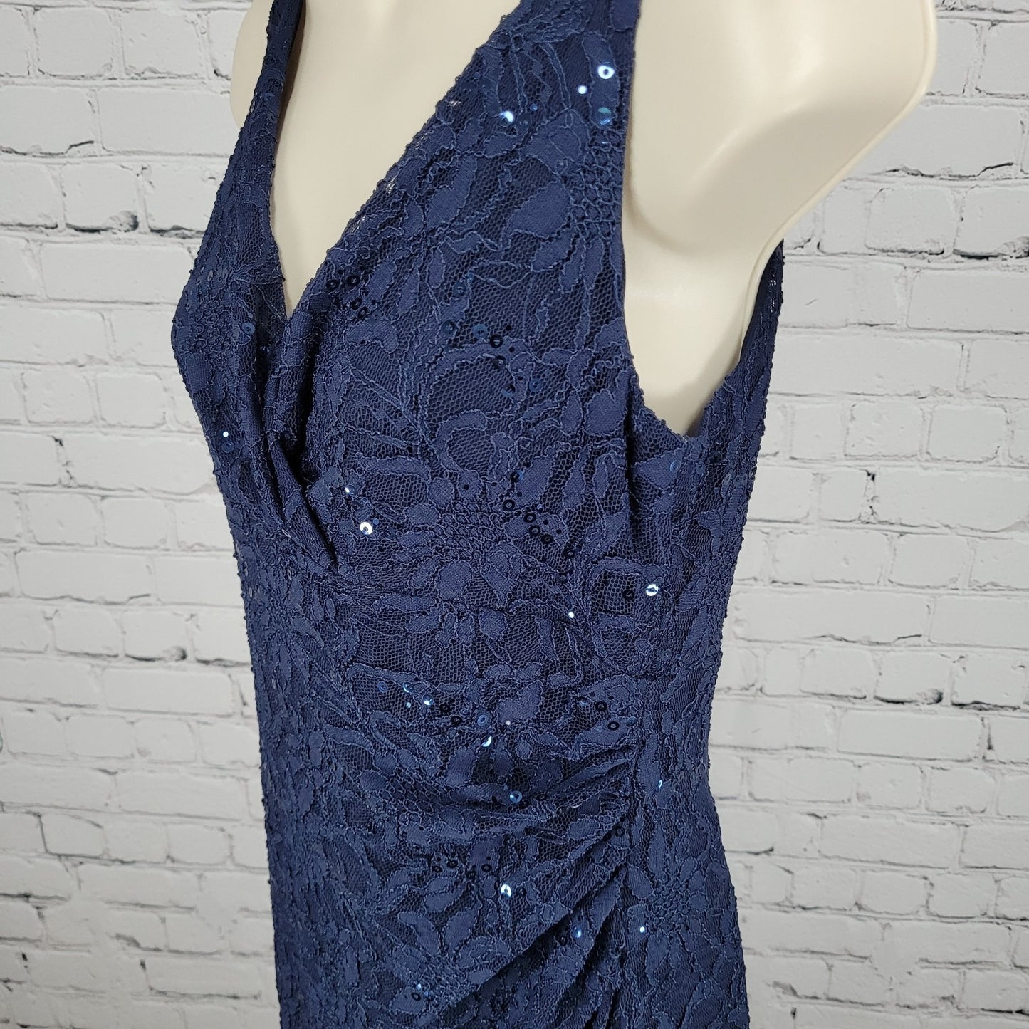 Lauren Ralph Lauren Blue Floral Lace Sequin Ruched Stretch Sheath Dress Size 8
