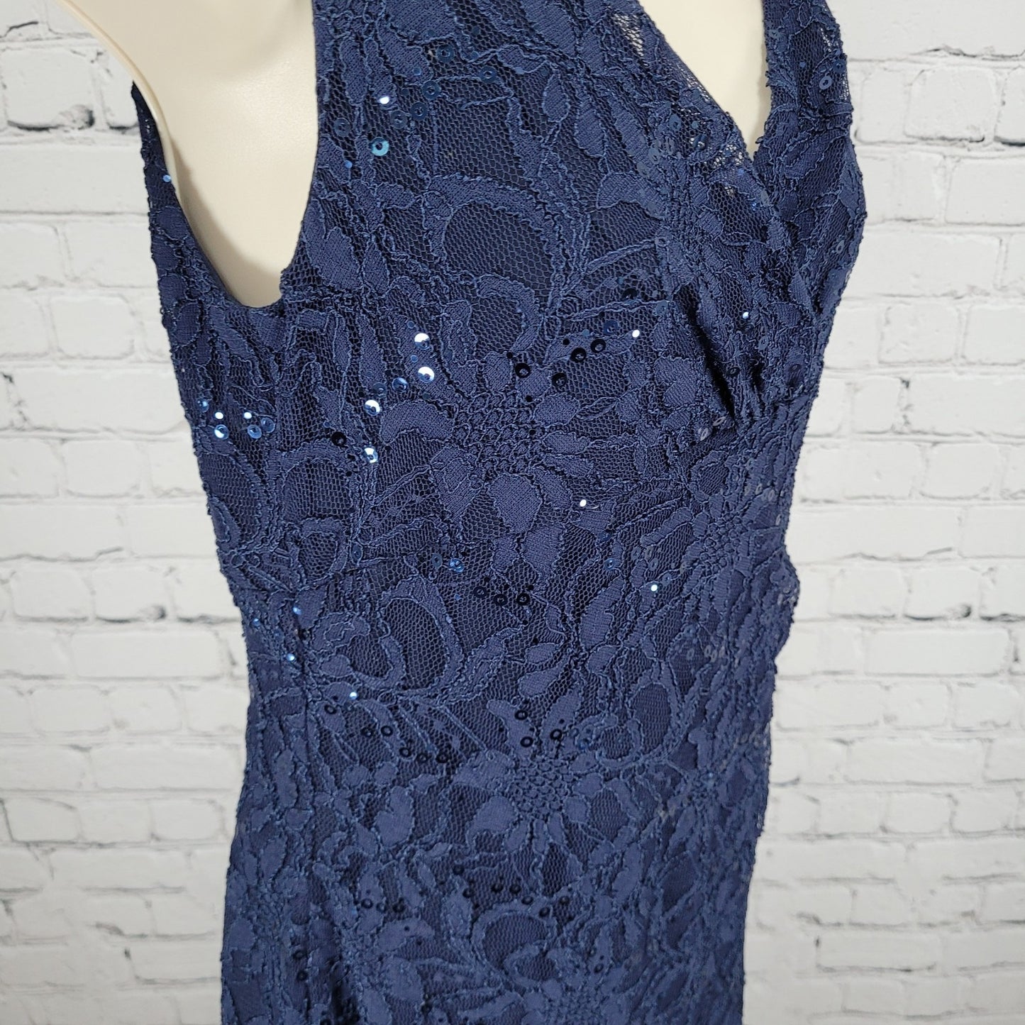 Lauren Ralph Lauren Blue Floral Lace Sequin Ruched Stretch Sheath Dress Size 8