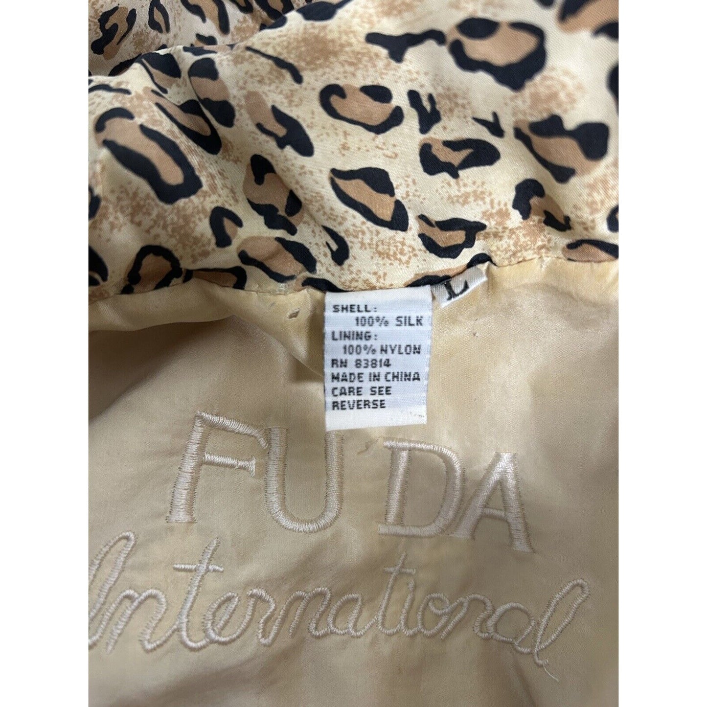VTG FUDA International Leopard Print Full Zip 100% Silk Bomber Style Jacket L