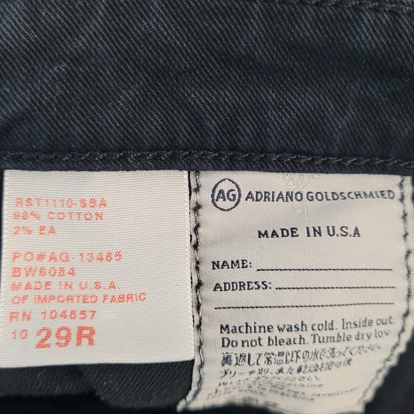 AG Adriano Goldschmied Black Denim Stretch Jeans USA Made Size 29R (32x30)