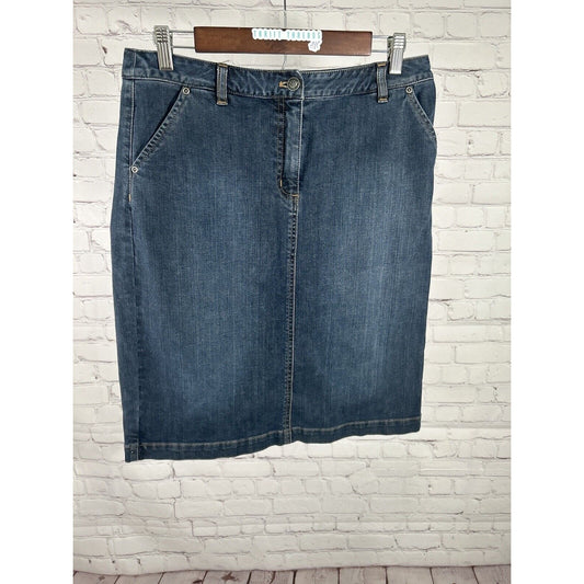 Talbots Stretch Dark Wash Blue Denim Midi Length Pencil Skirt Flap Pockets Sz 8
