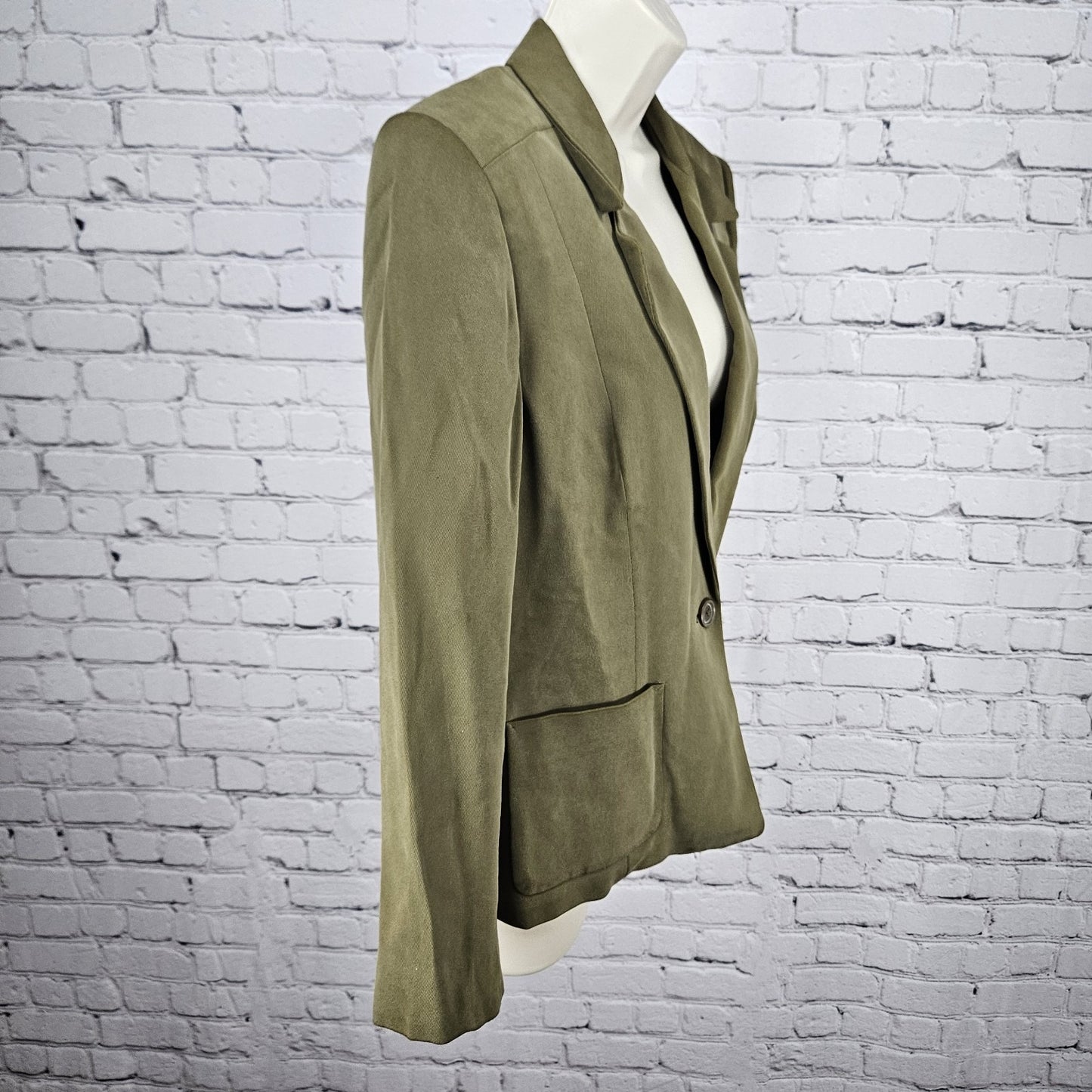 Liz Claiborne Green 100% Silk Button Notch Blazer Formal Suit Jacket Petite 10P