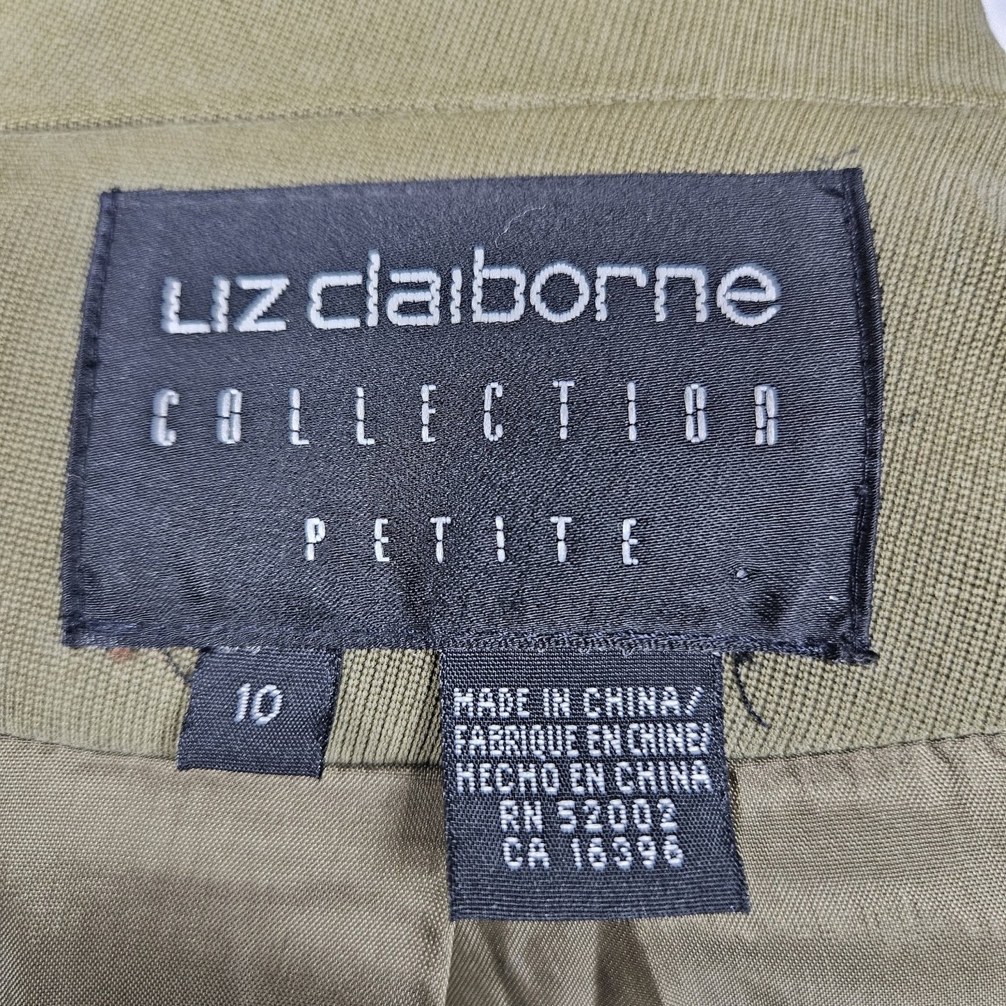 Liz Claiborne Green 100% Silk Button Notch Blazer Formal Suit Jacket Petite 10P