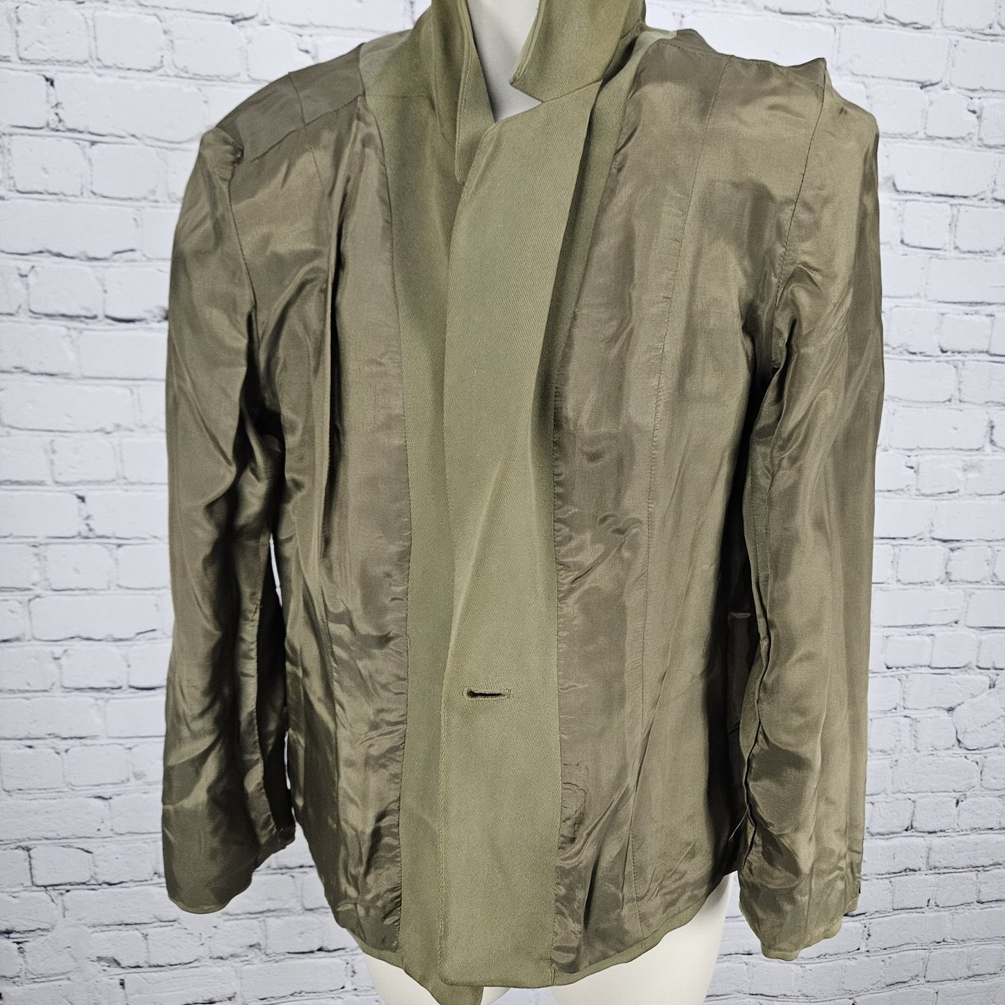 Liz Claiborne Green 100% Silk Button Notch Blazer Formal Suit Jacket Petite 10P