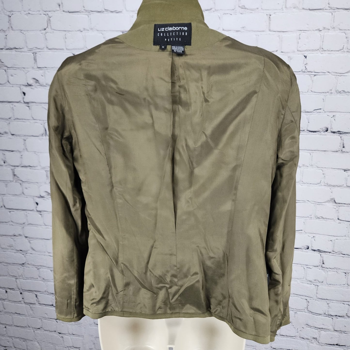 Liz Claiborne Green 100% Silk Button Notch Blazer Formal Suit Jacket Petite 10P