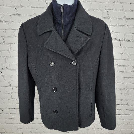 Black Rivet Black Wool Blend Removable Ribbed Knit Trim Pea Coat Size Small S