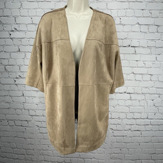 Chicos Faux Suede Brown Open Cardigan Pocketed 1/2 Sleeve Size 1P (US 8P)