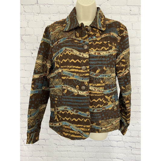 Life Style Brown Orange Blue Collared Button Up Western Shirt Size S Small