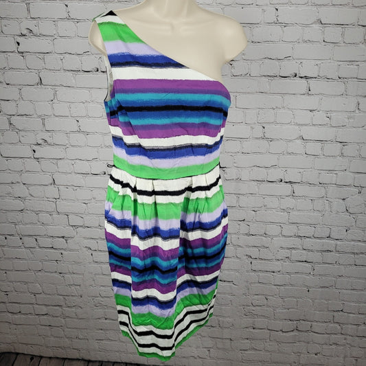 NWD London Times Multicolor Striped Stretch Asymmetrical Shoulder Dress Size 8
