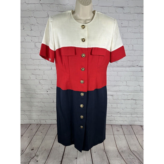 VTG J.W. Trèci White Red Blue Button Down Shoulder Padded Short Sleeve Dress 10