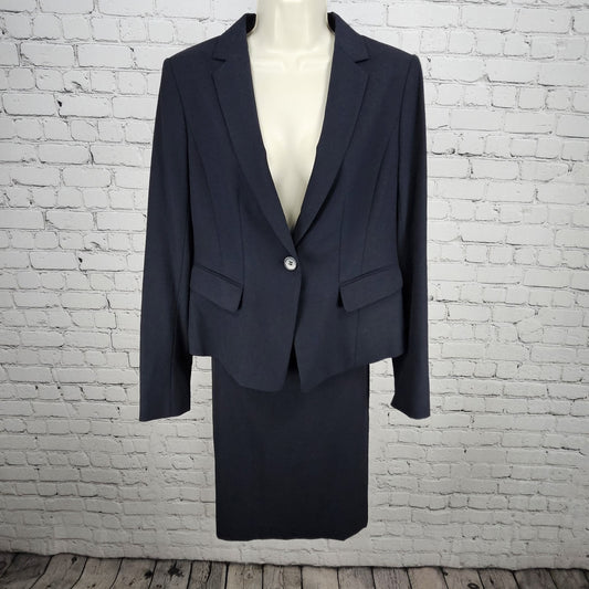 Ann Taylor Navy Full Knee Length Skirt Suit 2 Piece Set 1 Button Notch Jacket 6