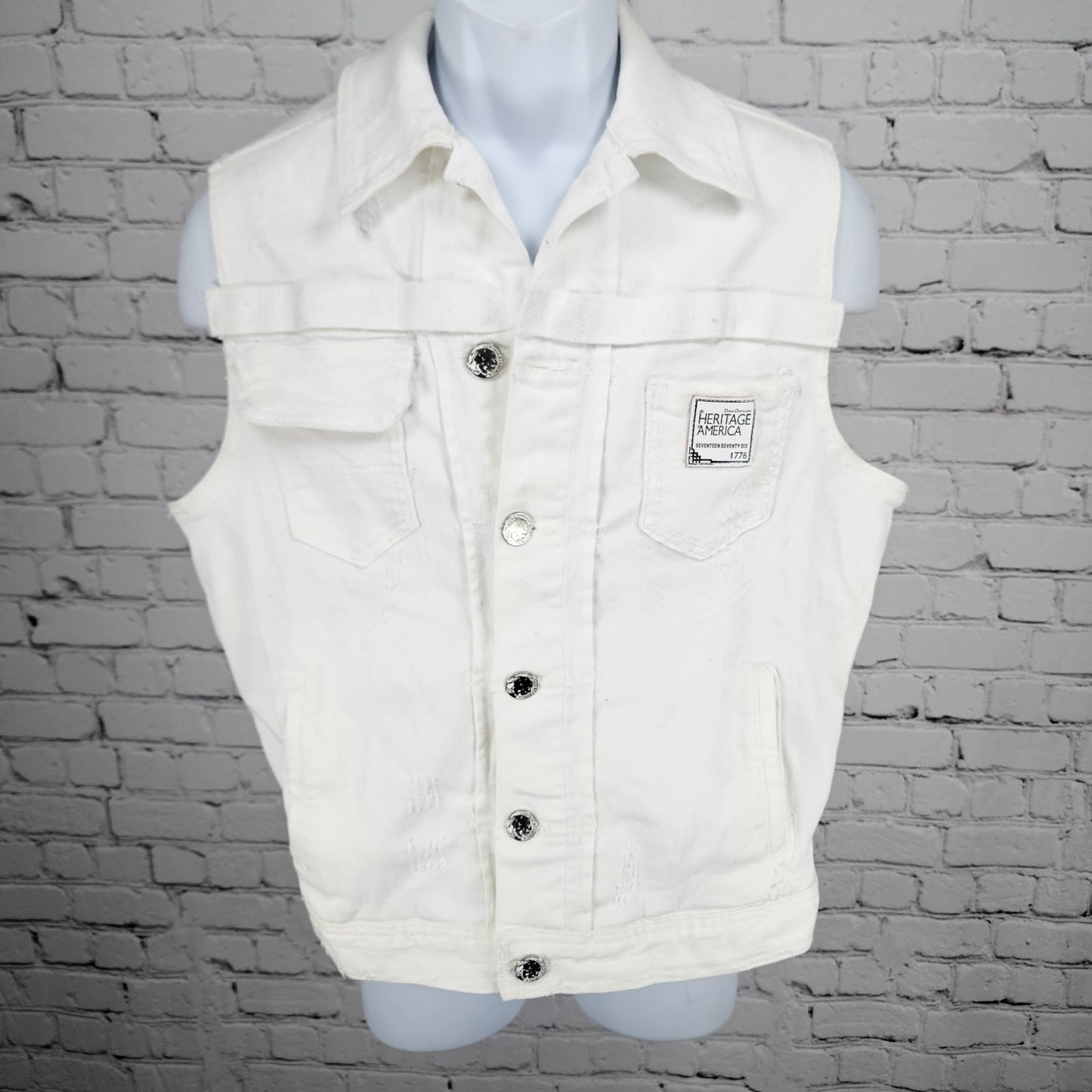 Heritage America White Denim Distressed Stretch Buttoned Collared Vest Medium M