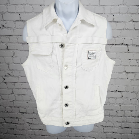 Heritage America White Denim Distressed Stretch Buttoned Collared Vest Medium M