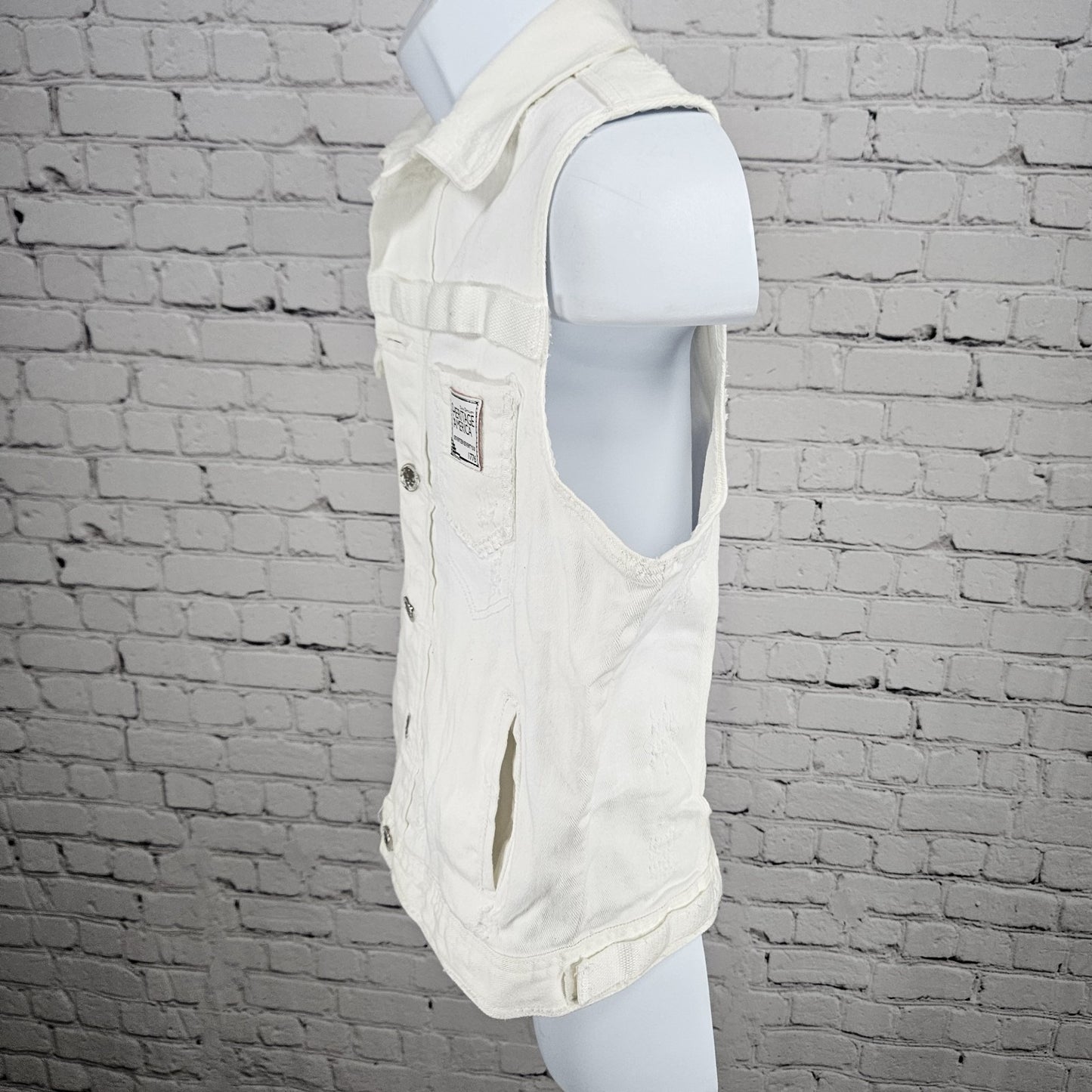 Heritage America White Denim Distressed Stretch Buttoned Collared Vest Medium M