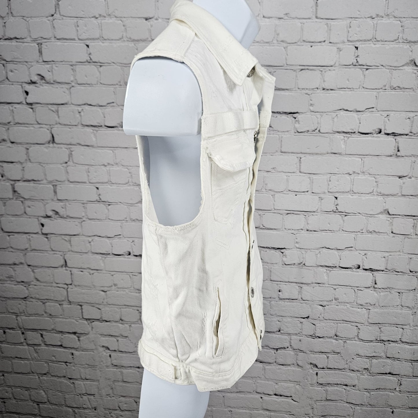 Heritage America White Denim Distressed Stretch Buttoned Collared Vest Medium M