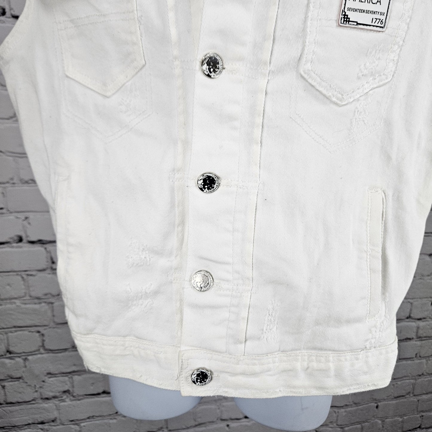 Heritage America White Denim Distressed Stretch Buttoned Collared Vest Medium M