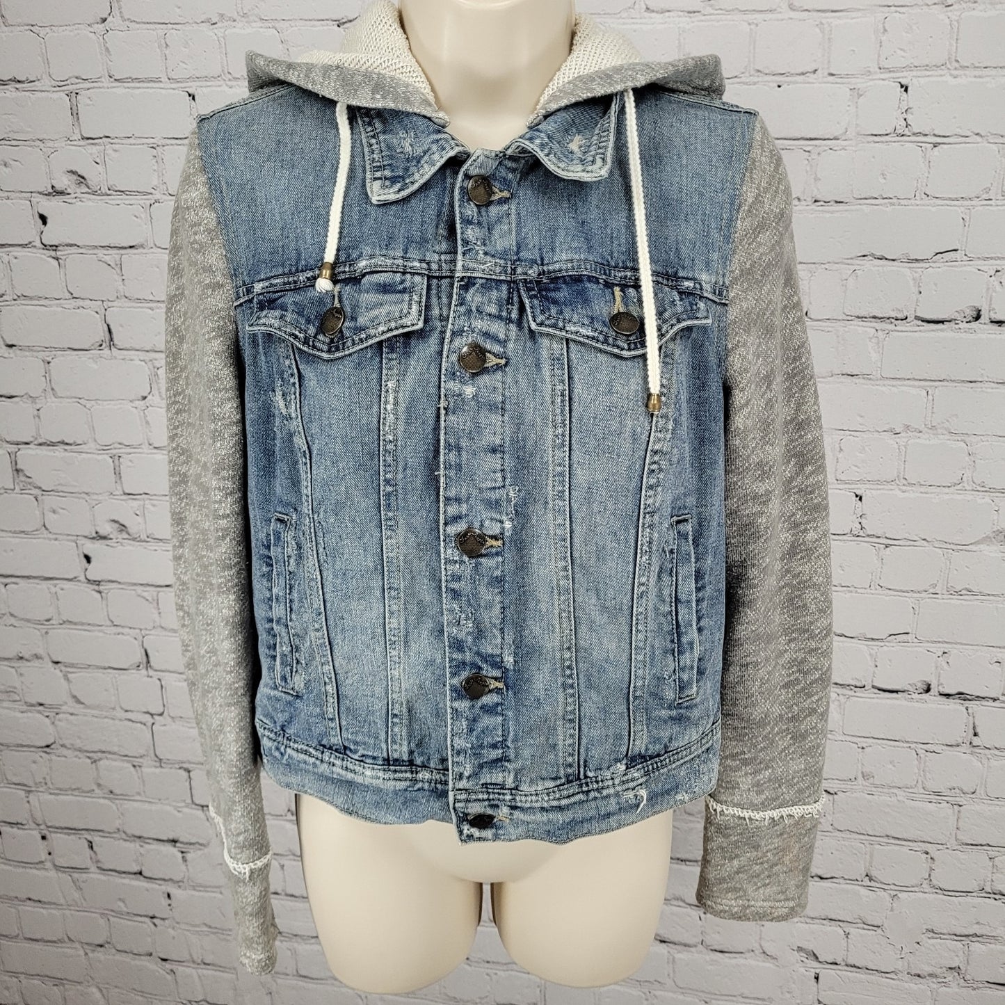 Free People Blue Denim Distressed Removable Knit Hood Jean Jacket Size Small S