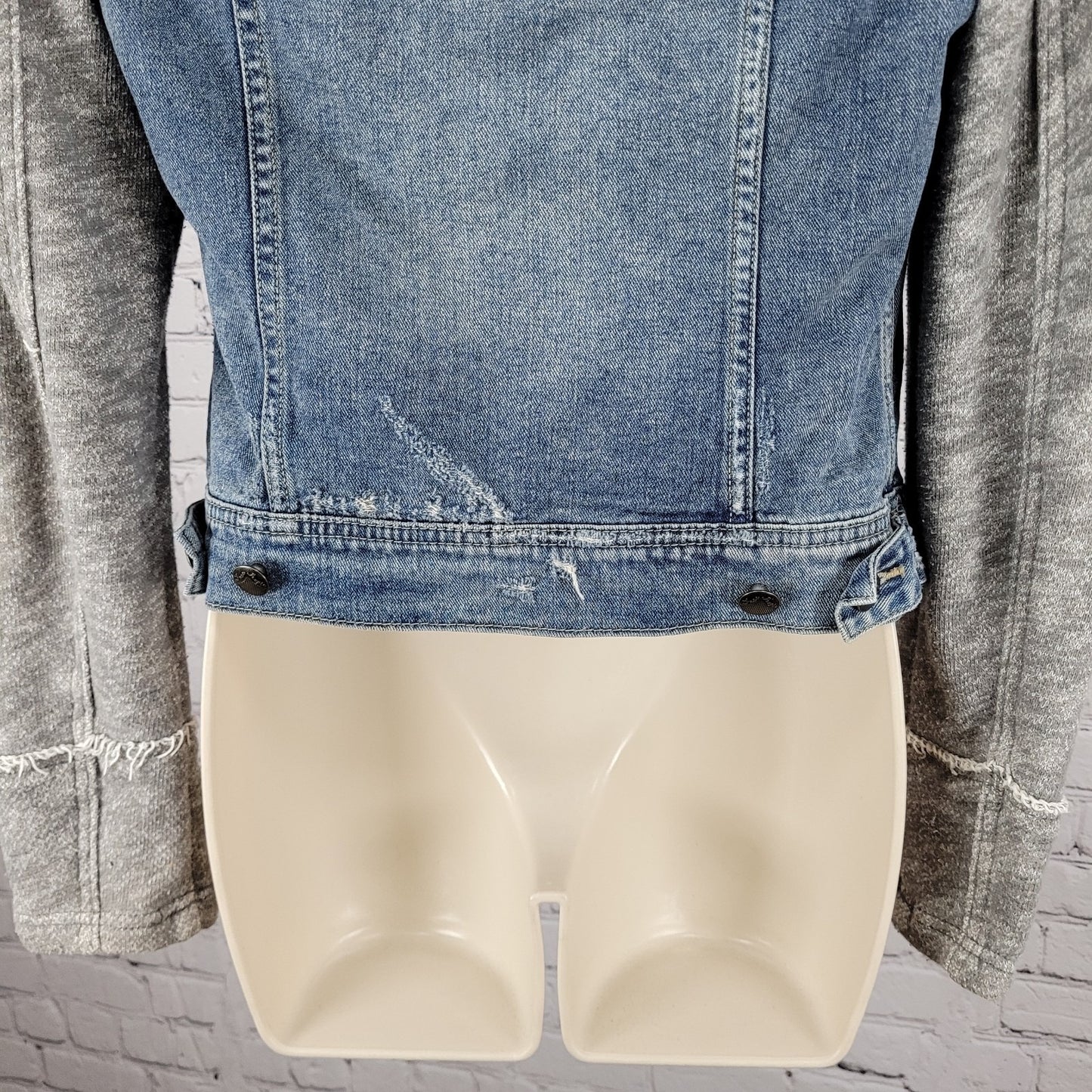 Free People Blue Denim Distressed Removable Knit Hood Jean Jacket Size Small S