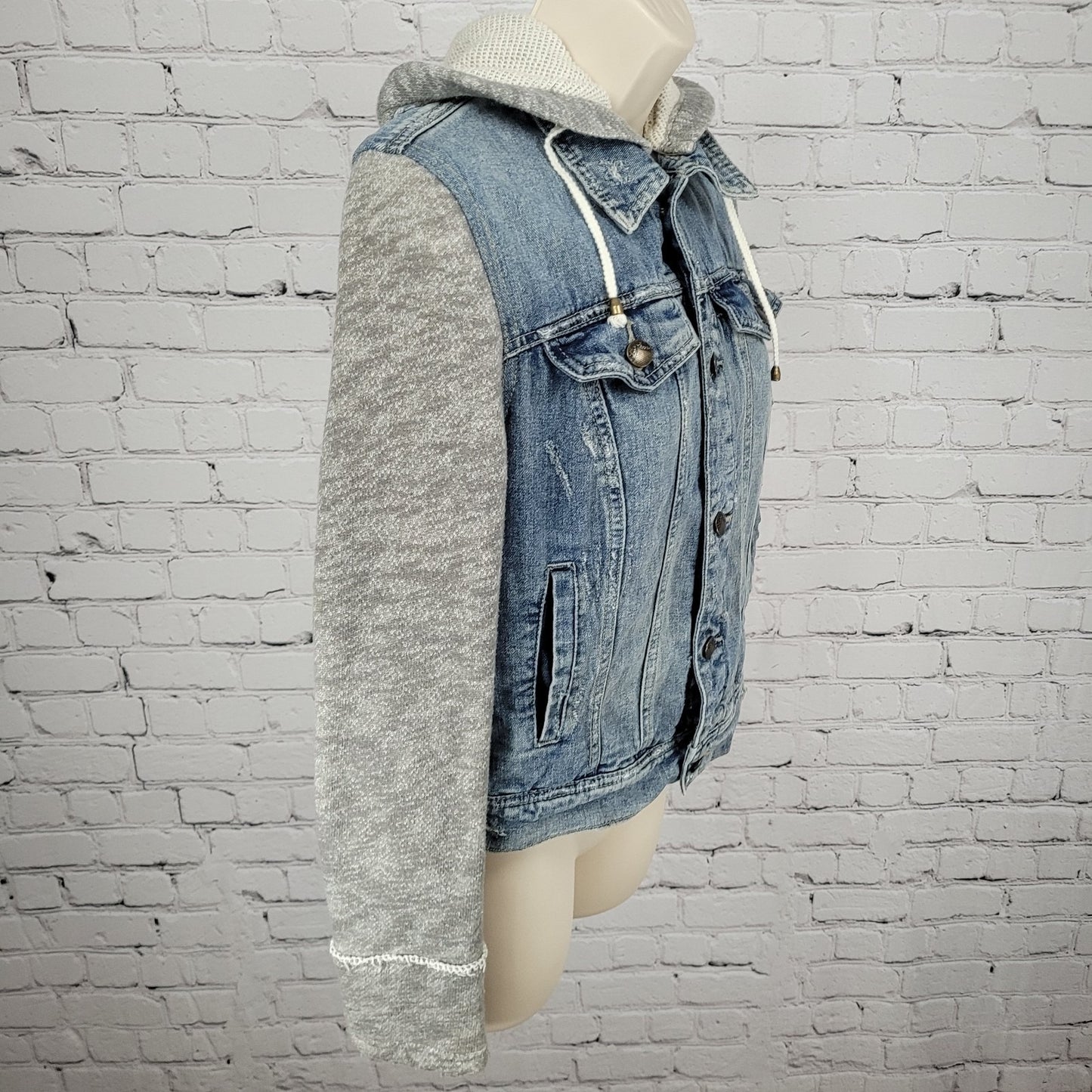 Free People Blue Denim Distressed Removable Knit Hood Jean Jacket Size Small S