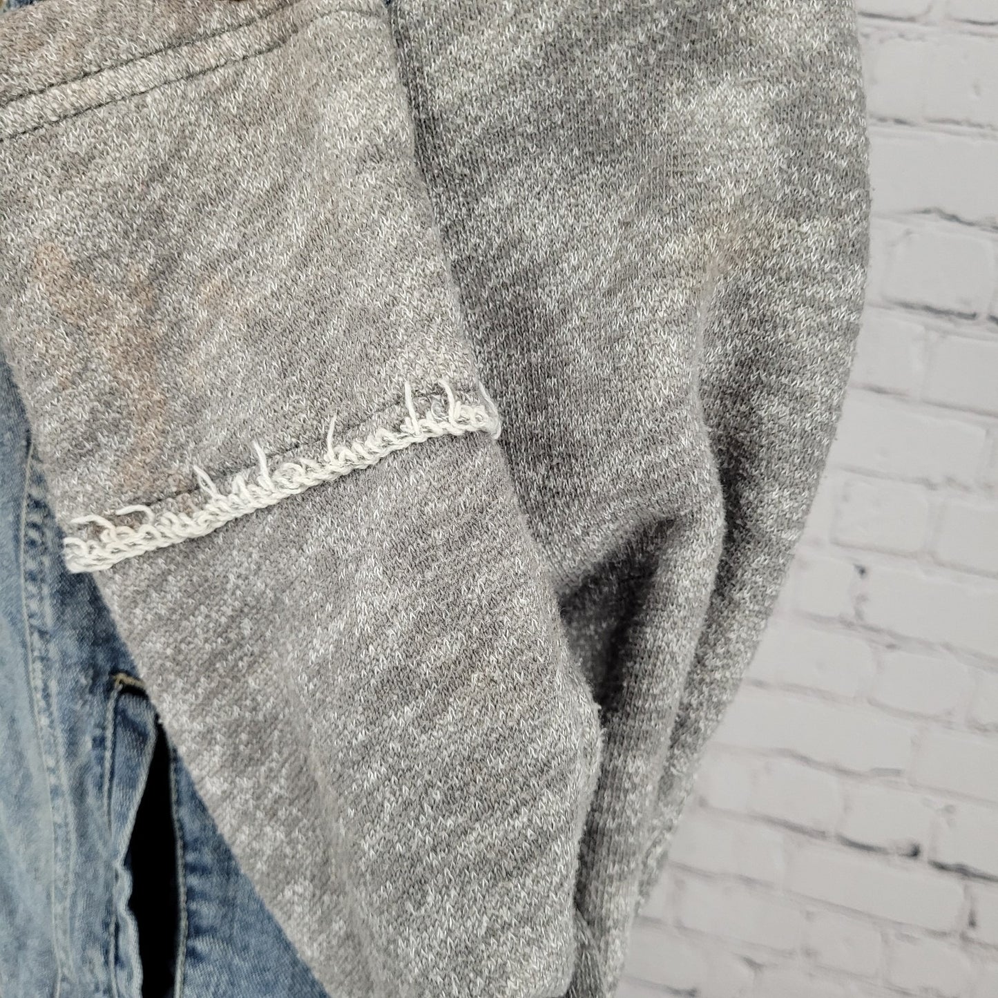Free People Blue Denim Distressed Removable Knit Hood Jean Jacket Size Small S