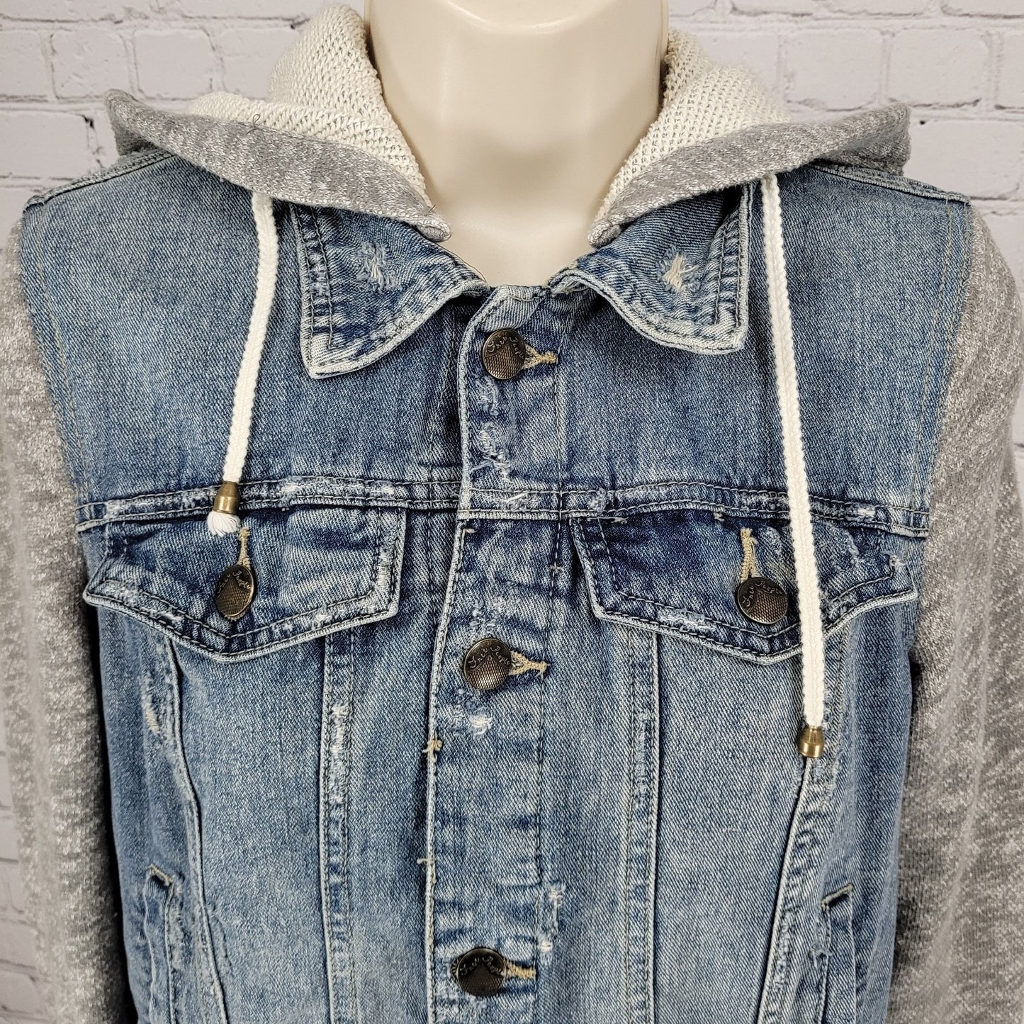 Free People Blue Denim Distressed Removable Knit Hood Jean Jacket Size Small S