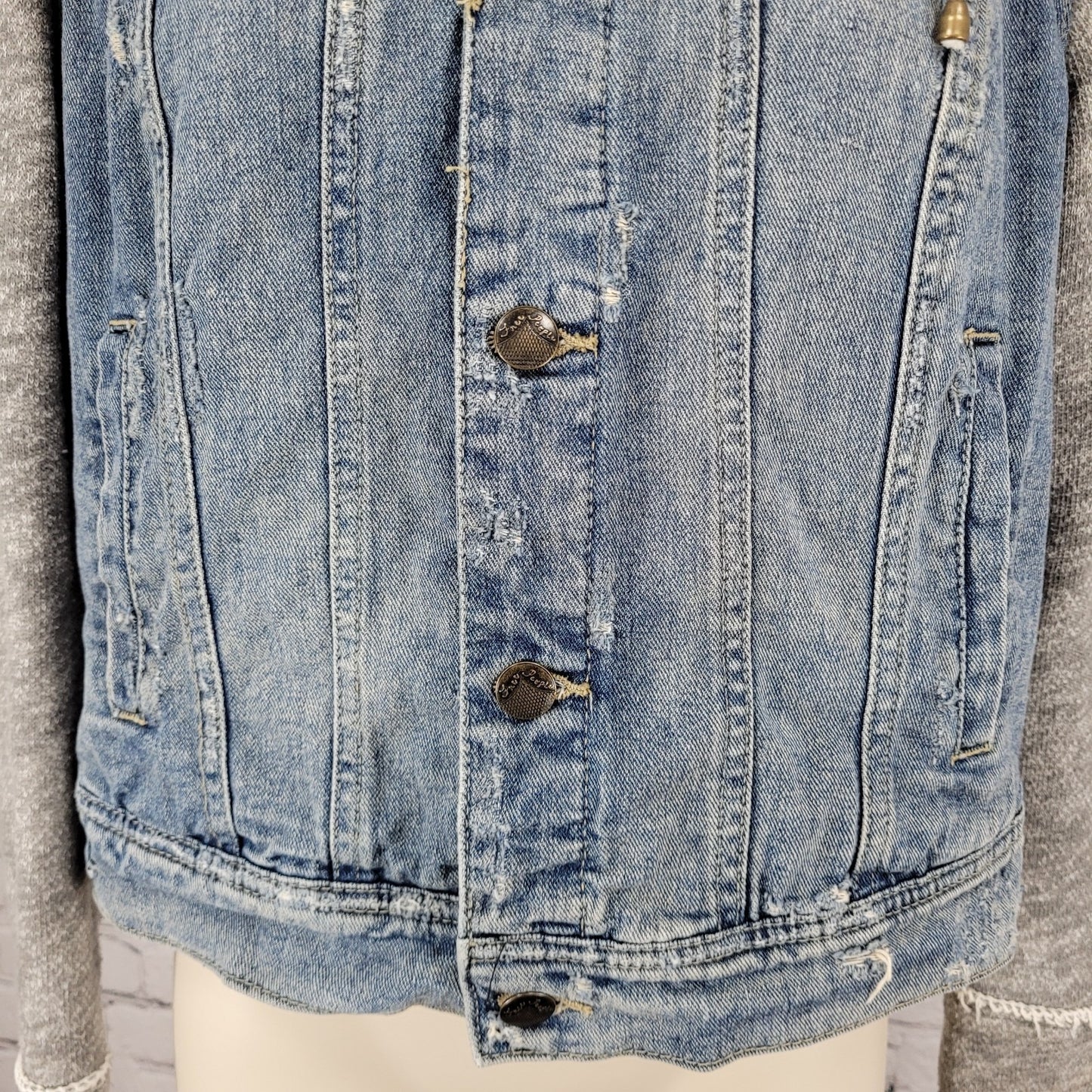 Free People Blue Denim Distressed Removable Knit Hood Jean Jacket Size Small S