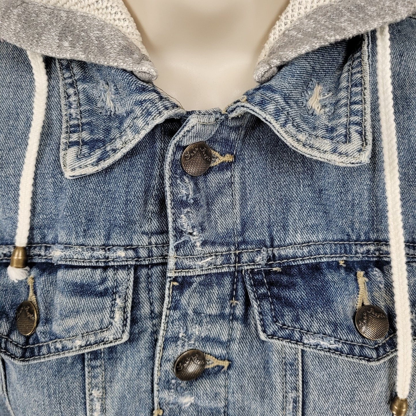 Free People Blue Denim Distressed Removable Knit Hood Jean Jacket Size Small S