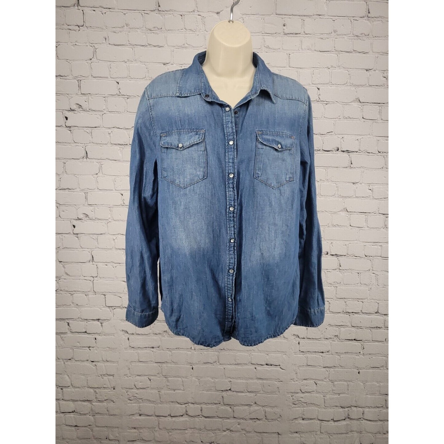 Mavi Jeans Leticia Blue Denim Pearl Snap Western Shirt Long Sleeve Women's L