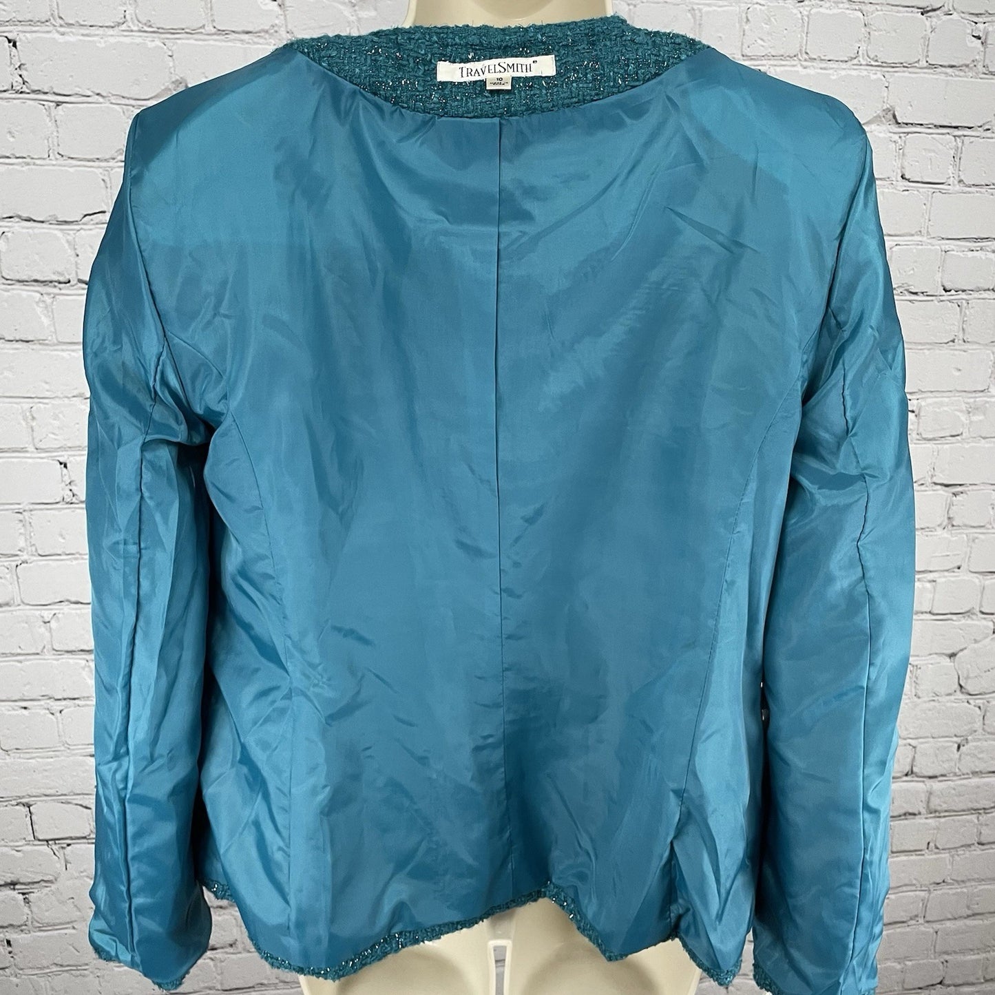NWT Travel Smith Blue Textured Shimmer Buttoned Lined Pockets Jacket Size 10