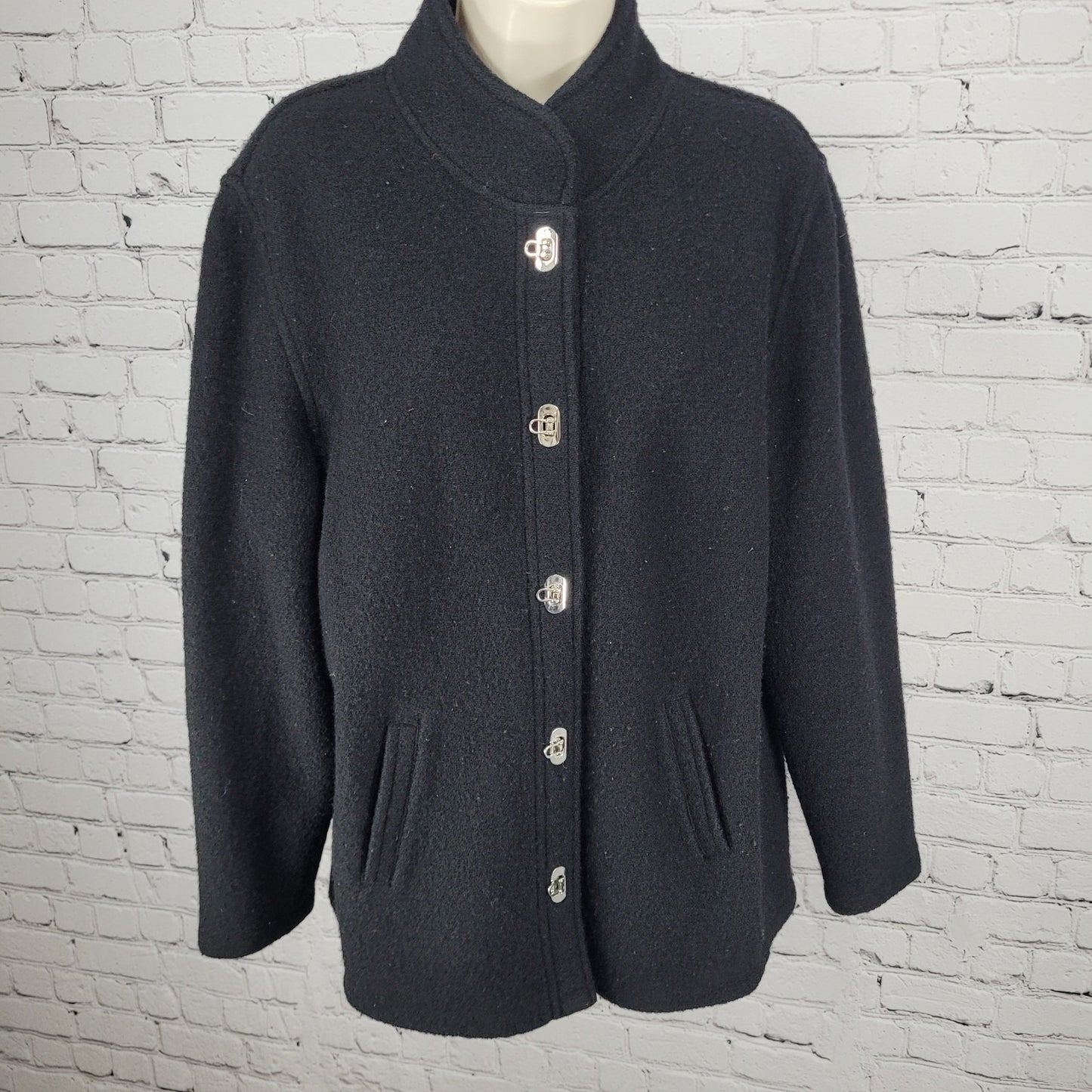VTG Talbots Black 100% Wool Unlined Jacket Toggle Cardigan Petites Size Medium M